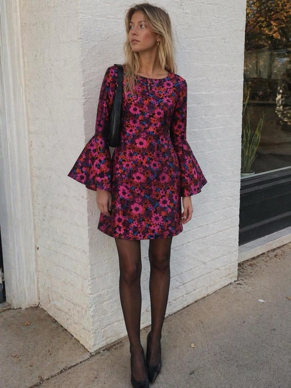 Trina Turk Floral Bell-Sleeve Mini Dress in Fuchsia Pink NWT